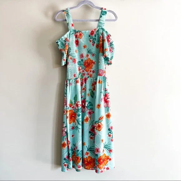 h&m girls dresses Blue Floral Midi Cotton Casual Dress: Carmen Blue Floral / XSmall